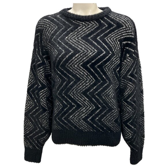 Missoni Black / Silver 2024 Sequined Zig Zag Knit Crewneck Sweater - Picture 1 of 5